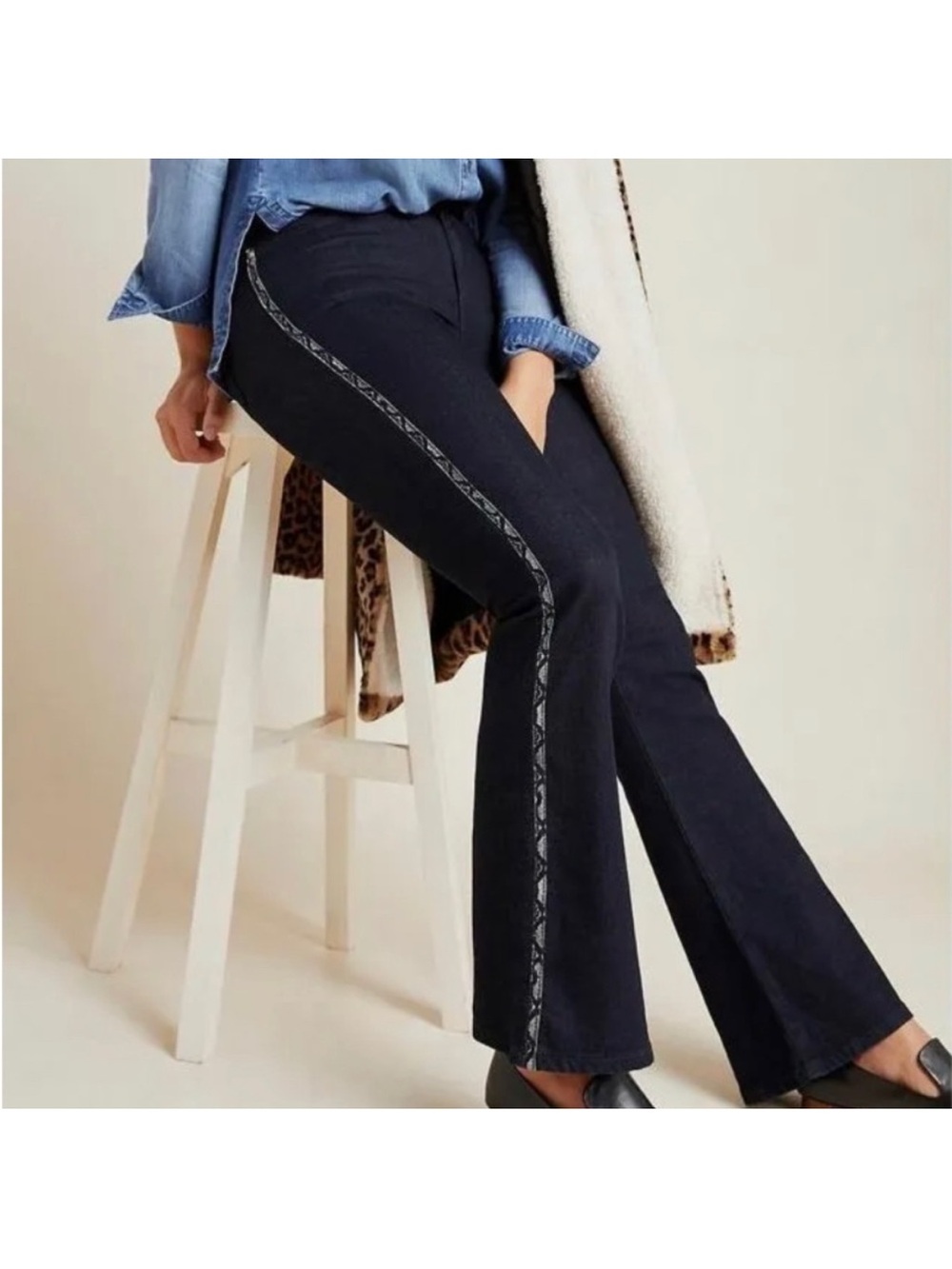 Ella Moss Anthro Dark Blue The High Rise Flare Jean Snakeskin Trim Size 30 NWT!